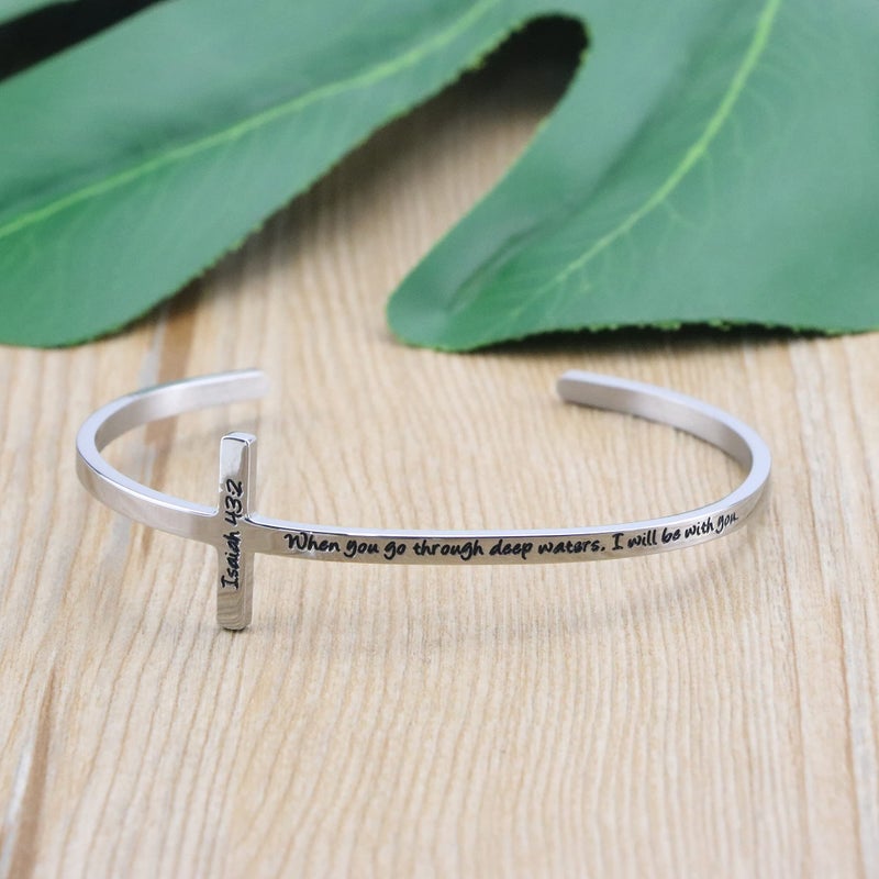 MEMGIFT Cross Bracelet Religious Cuff Bangle Bible Verse Jewelry Gift for Women Engraved When You go through Deep Waters I Will be with You - Image 4